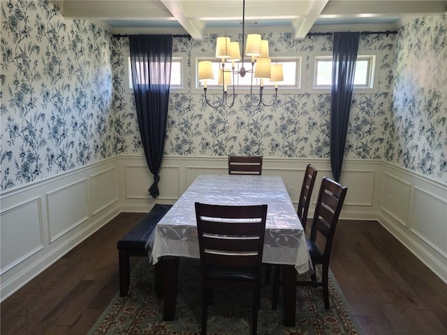 dining area with coffered ceiling, beam ceiling, a chandelier, and dark hardwood / wood-style flooring