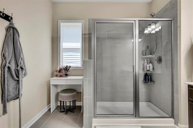 bathroom featuring an enclosed shower, vanity, and tile patterned floors