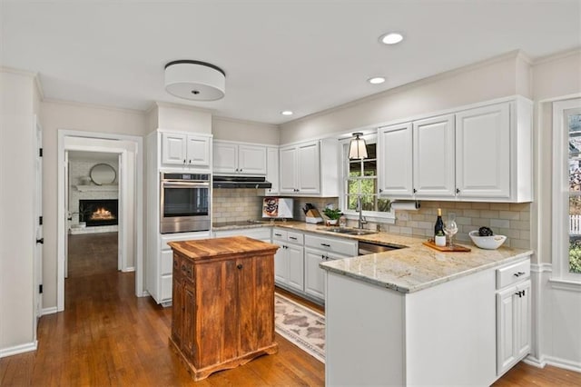 kitchen featuring light stone counters, under cabinet range hood, stainless steel appliances, a sink, and white cabinets