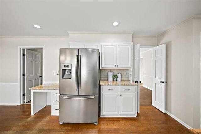 kitchen featuring white cabinetry, dark wood-type flooring, light stone counters, and stainless steel fridge with ice dispenser