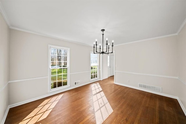 unfurnished dining area with a chandelier, wood finished floors, visible vents, and baseboards