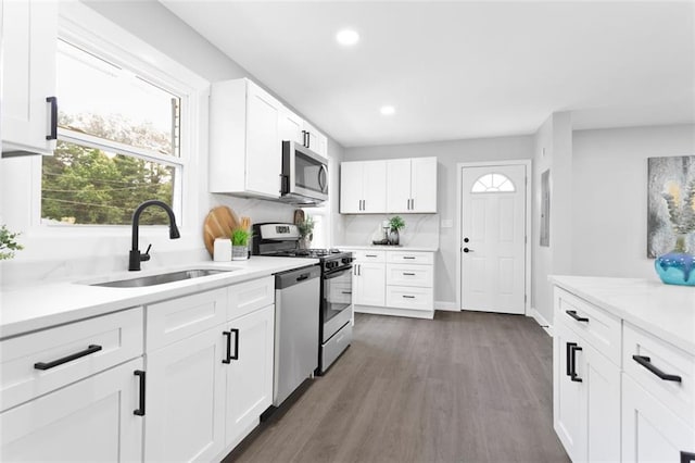 kitchen with appliances with stainless steel finishes, white cabinetry, dark hardwood / wood-style flooring, and sink