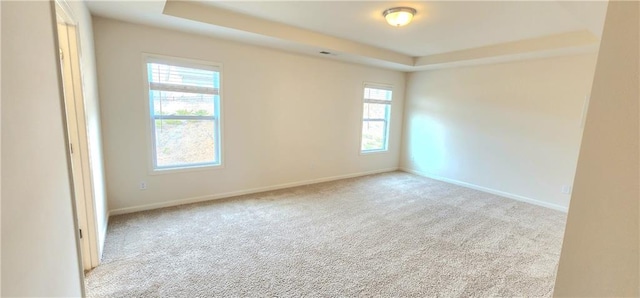 carpeted spare room with a tray ceiling and a healthy amount of sunlight