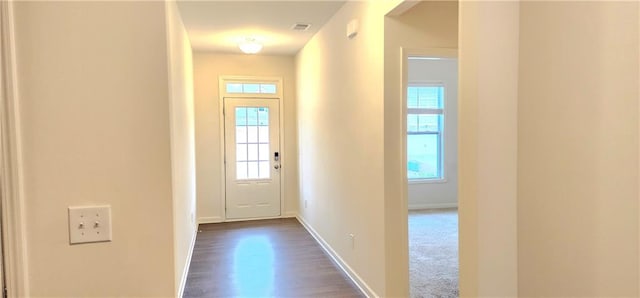 doorway with dark hardwood / wood-style flooring