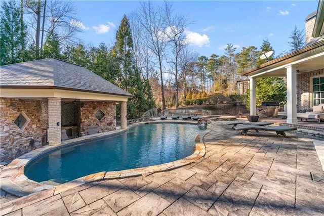 outdoor pool featuring a patio and a fireplace