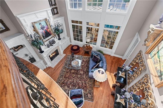 living room featuring wood finished floors and a high end fireplace