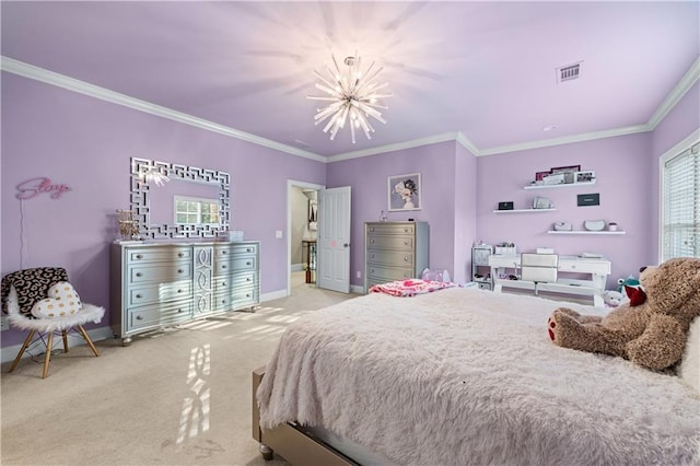 bedroom with a notable chandelier, carpet, baseboards, and crown molding