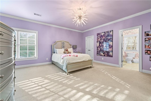 bedroom featuring ornamental molding, carpet, visible vents, and baseboards