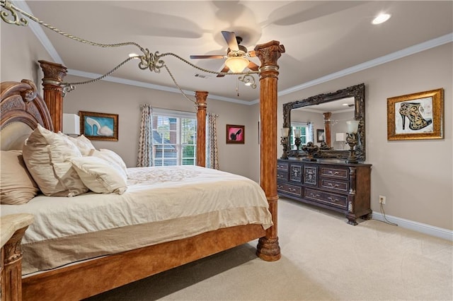 bedroom with baseboards, a ceiling fan, light colored carpet, crown molding, and recessed lighting