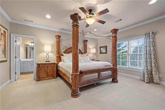 bedroom with baseboards, visible vents, ornamental molding, and light colored carpet