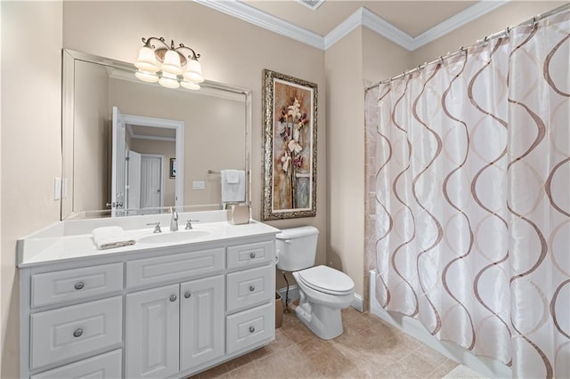 full bathroom featuring crown molding, toilet, vanity, a shower with curtain, and tile patterned floors