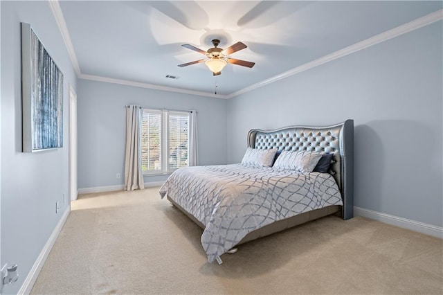 bedroom featuring carpet floors, visible vents, ornamental molding, and baseboards