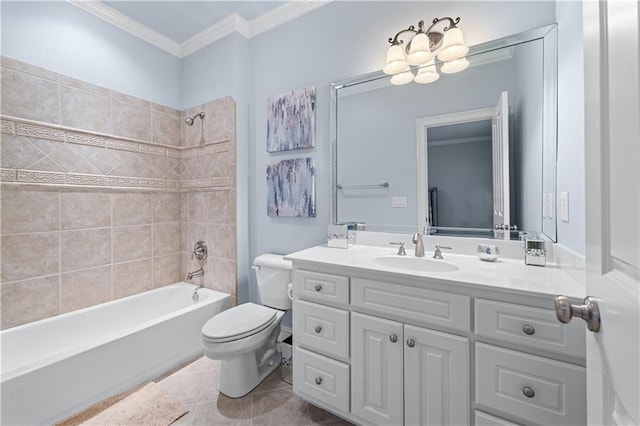 full bath featuring bathing tub / shower combination, toilet, ornamental molding, tile patterned floors, and vanity