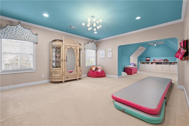 recreation room featuring ornamental molding, carpet, visible vents, and baseboards