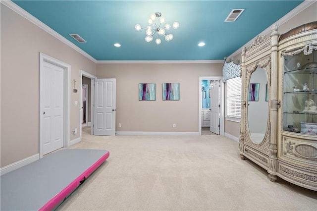 bedroom with carpet, baseboards, visible vents, and ornamental molding