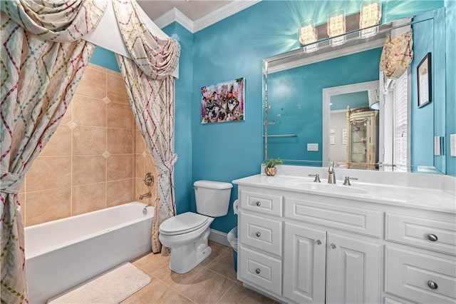 full bathroom with shower / tub combo with curtain, toilet, ornamental molding, vanity, and tile patterned floors