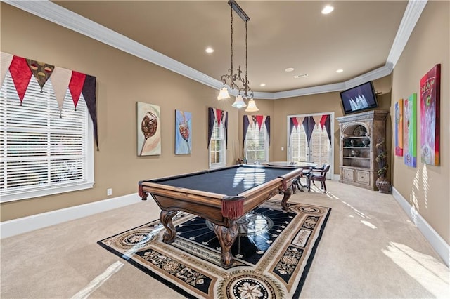 game room with pool table, crown molding, and light colored carpet