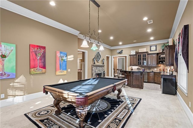 recreation room with pool table, a stone fireplace, visible vents, and light colored carpet