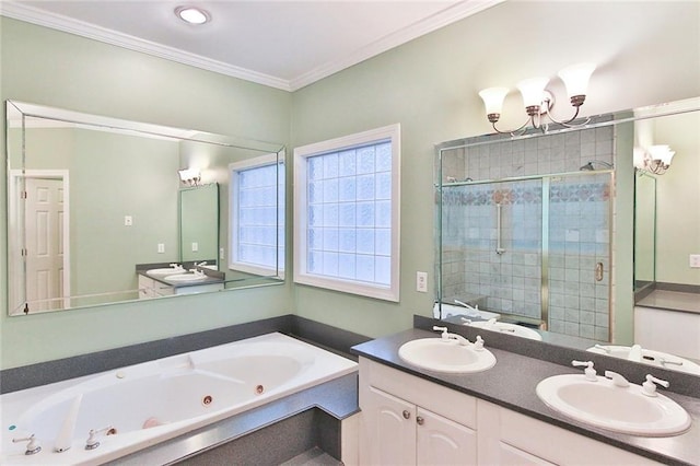 bathroom with vanity, an inviting chandelier, crown molding, and plus walk in shower