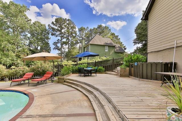 deck with a fenced in pool