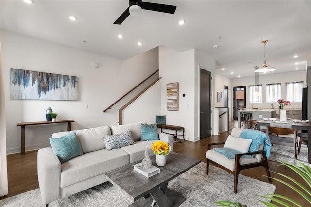 2347 Hosea L Williams Dr NE Unit 11, Atlanta, GA 30317 - living area featuring wood finished floors, ceiling fan, recessed lighting, and stairway