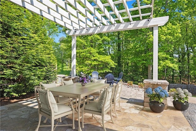 view of patio / terrace featuring fence, a pergola, and outdoor dining area