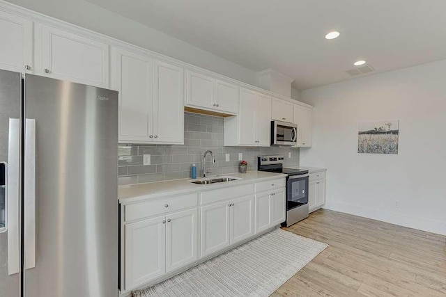 kitchen with a sink, backsplash, appliances with stainless steel finishes, white cabinets, and light countertops