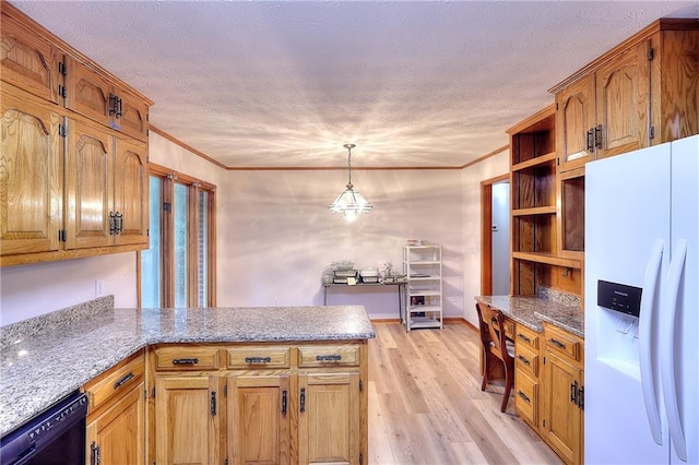 kitchen featuring dishwasher, kitchen peninsula, white refrigerator with ice dispenser, and hanging light fixtures