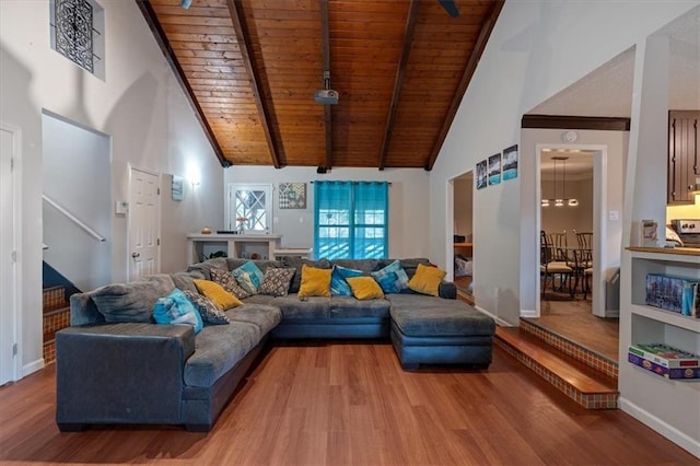 living room with high vaulted ceiling, beam ceiling, wood ceiling, and wood-type flooring