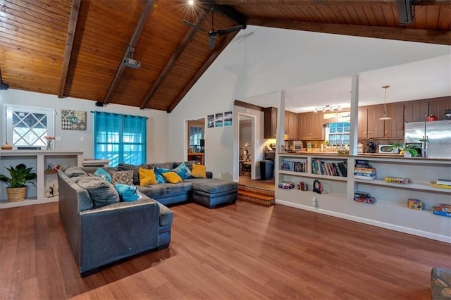 living room with beamed ceiling, wood ceiling, track lighting, high vaulted ceiling, and hardwood / wood-style flooring