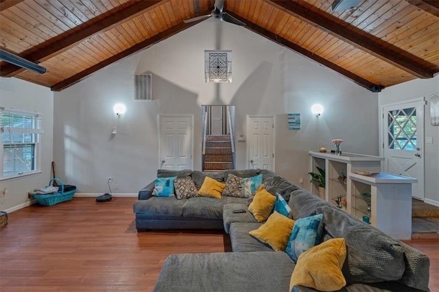 living room featuring hardwood / wood-style flooring, high vaulted ceiling, beam ceiling, and wooden ceiling