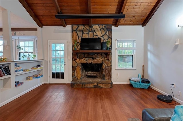 unfurnished living room with wooden ceiling, hardwood / wood-style floors, and vaulted ceiling with beams