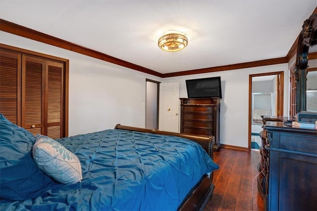 bedroom with a closet, crown molding, and dark hardwood / wood-style flooring