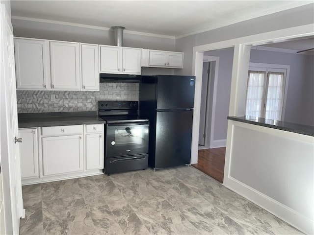 kitchen with tasteful backsplash, crown molding, white cabinets, and black appliances