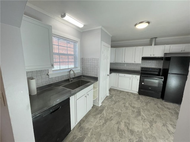 kitchen featuring white cabinets, ornamental molding, sink, and black appliances