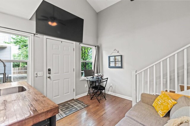 foyer entrance with plenty of natural light, sink, hardwood / wood-style flooring, and lofted ceiling