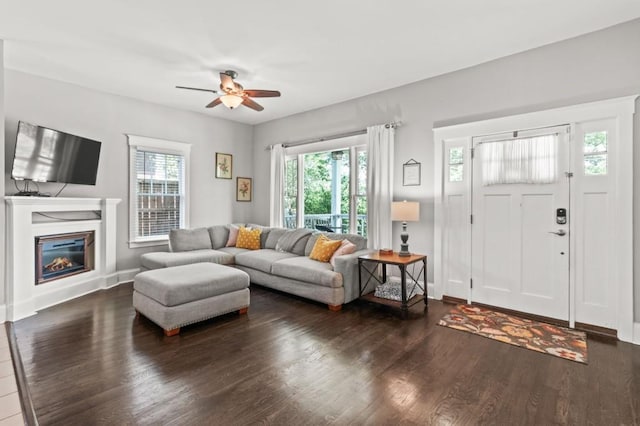 living room with ceiling fan and dark wood-type flooring