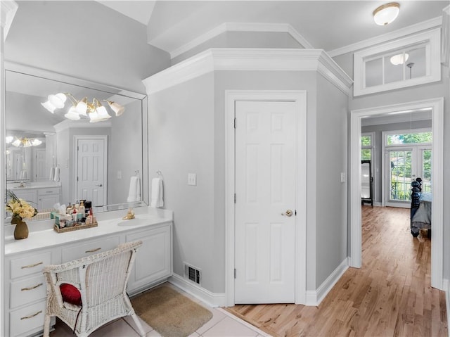 bathroom featuring baseboards, vanity, wood finished floors, and visible vents
