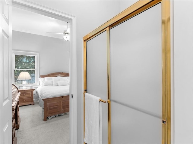 bedroom featuring a closet and light carpet