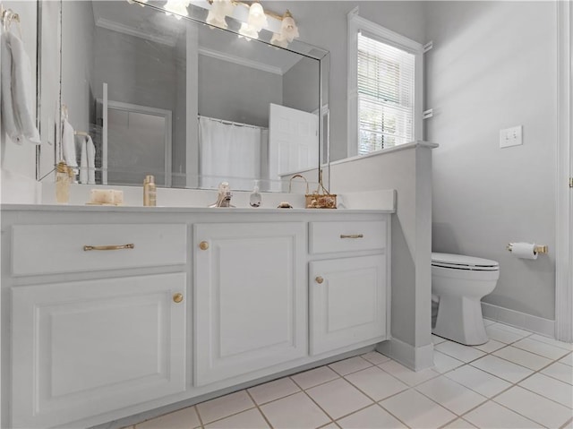 full bath featuring toilet, baseboards, tile patterned flooring, vanity, and ornamental molding