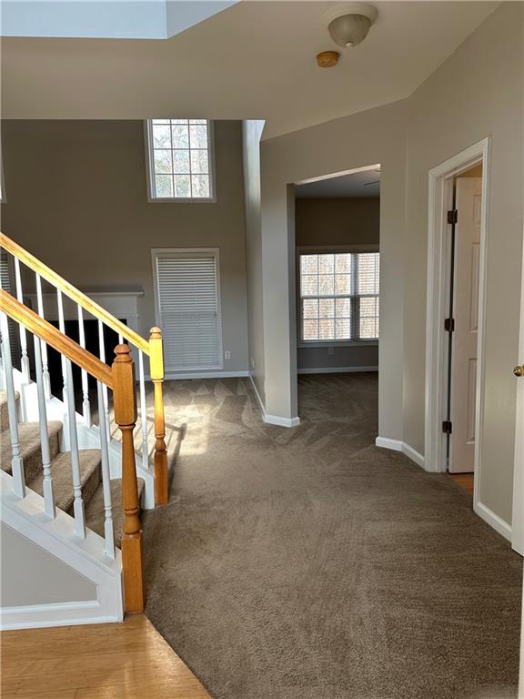 foyer featuring dark colored carpet