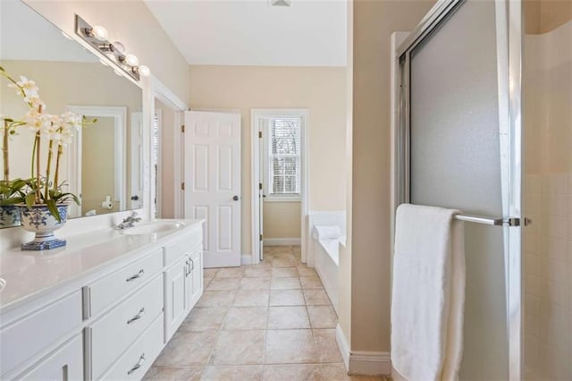 bathroom with vanity, separate shower and tub, and tile patterned flooring