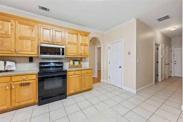 kitchen featuring tasteful backsplash, black / electric stove, light tile patterned floors, and crown molding