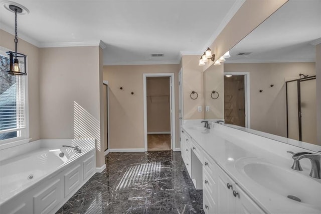 bathroom with ornamental molding, vanity, and plus walk in shower