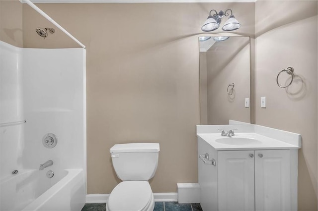 full bathroom with vanity, toilet, and washtub / shower combination