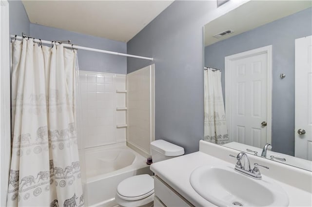 bathroom featuring toilet, shower / bath combination with curtain, vanity, and visible vents