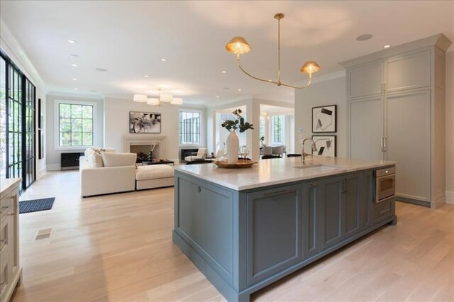 kitchen with an island with sink, sink, light hardwood / wood-style flooring, gray cabinets, and crown molding