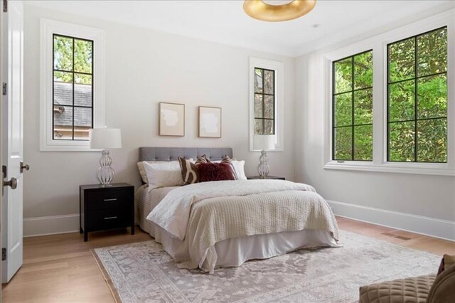 bedroom featuring wood-type flooring and multiple windows