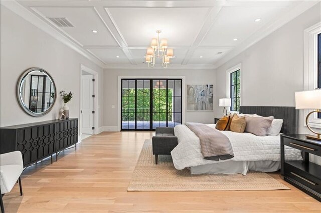 bedroom featuring coffered ceiling, light wood-type flooring, beam ceiling, and multiple windows