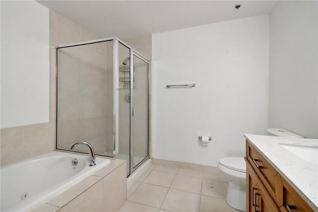 full bathroom featuring vanity, plus walk in shower, tile patterned floors, and toilet